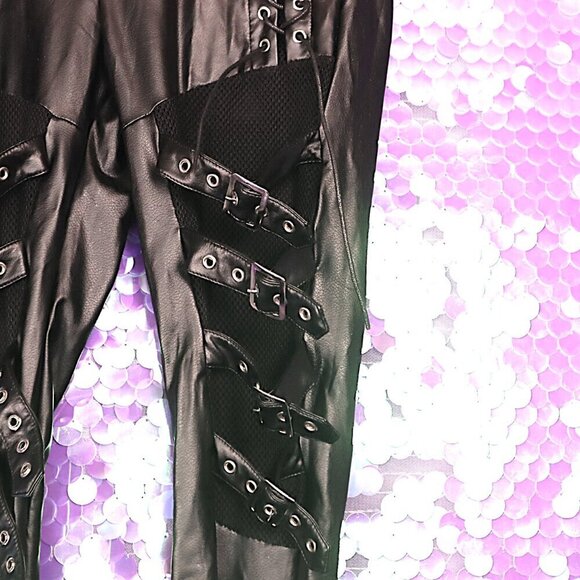 VINYL BUCKLE PANTS XS Devil Fashion Fishnet Cyber Goth Bikercore PVC PU Black - Picture 10 of 15